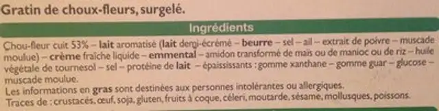 Gratin choux-fleurs ingredients label