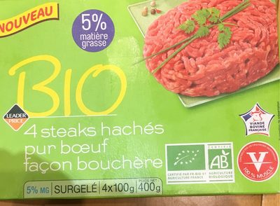 BIO 4 Steaks Hachés Pur Boeuf Façon Bouchère front packaging
