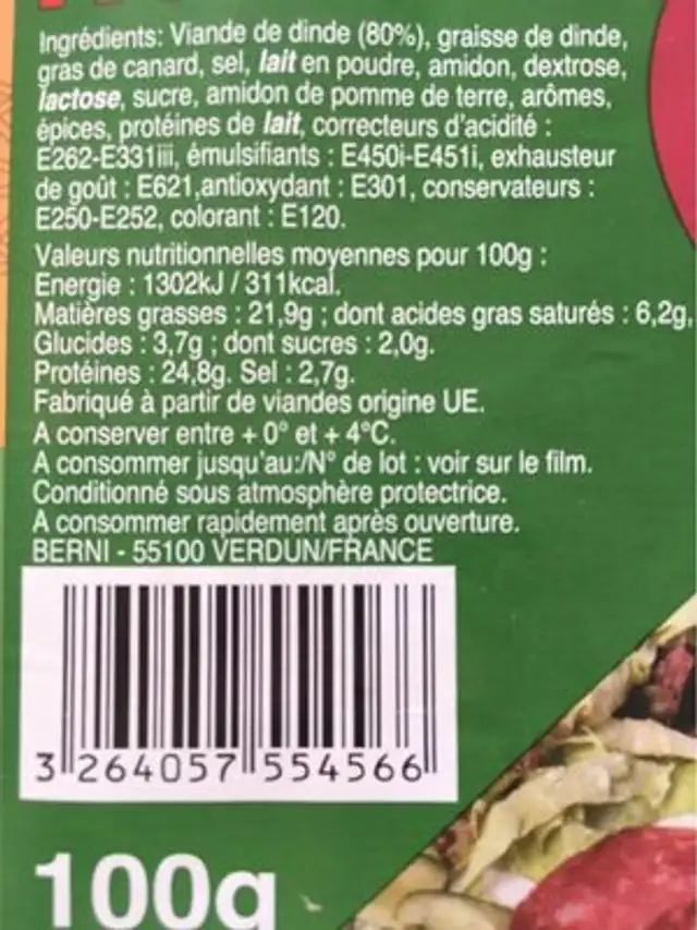 Saucisson sec de dinde nutrition facts table