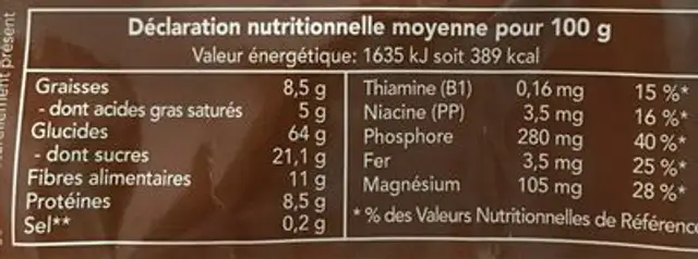 Müseli bio au chocolat nutrition facts table