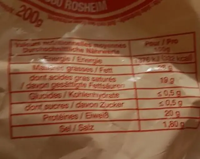 Petit Munster Geromé nutrition facts table