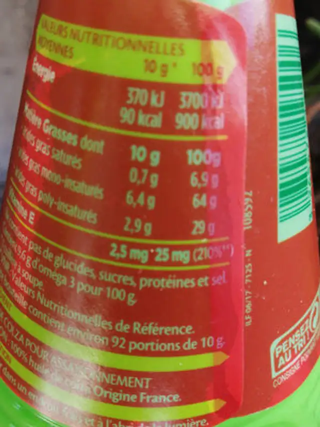 Fleur de colza nutrition facts table