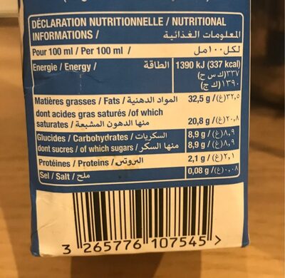 Crème de Normandie nutrition facts table