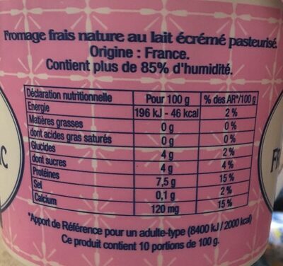 Fromage blanc Battu 0% ingredients label