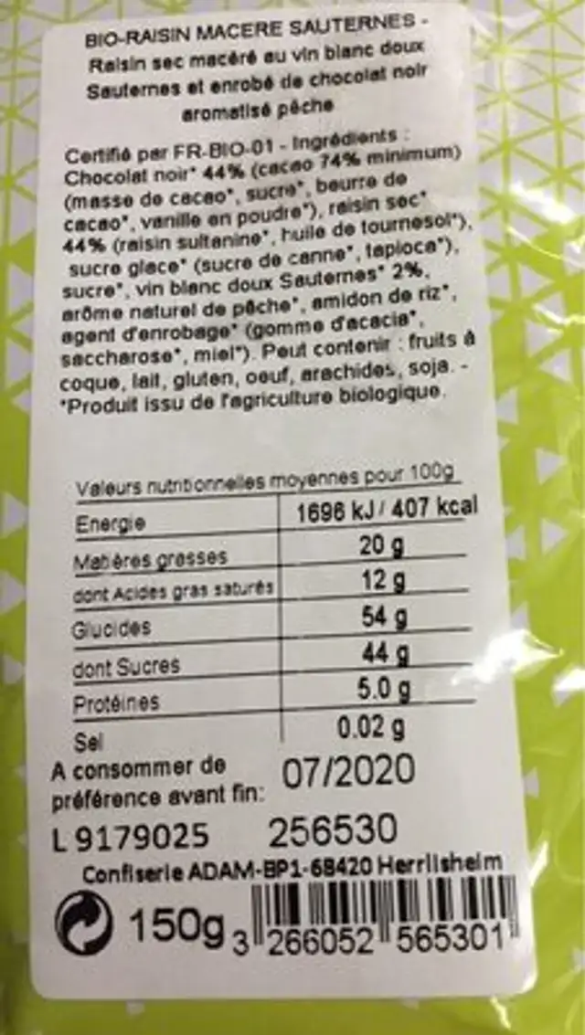 Raisin au sauterne au chocolat noir nutrition facts table