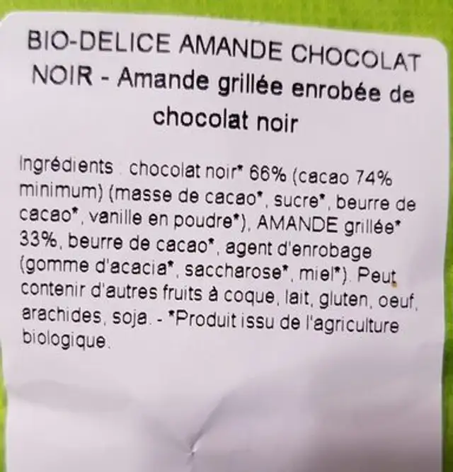 Coeur Amande ingredients label