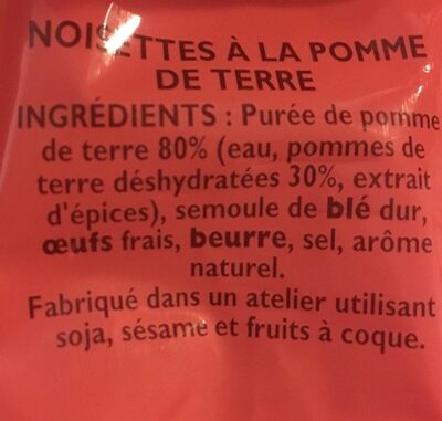Noisettes A Poêler ingredients label