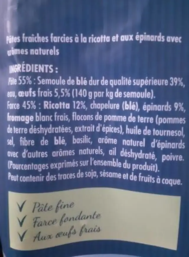 Pâtes fraîches ricotta et épinards ingredients label