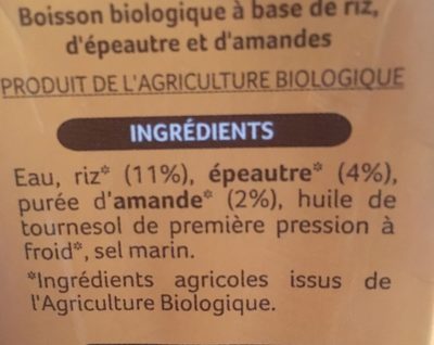 Boisson riz épeautre amande ingredients label