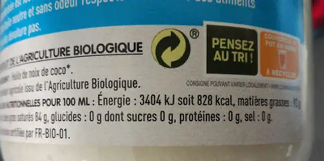 Huile De Noix De Coco Désodorisée nutrition facts table