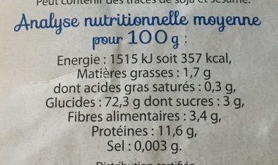 Pâtes blanches Codini nutrition facts table
