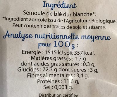 Pâtes blanches nutrition facts table