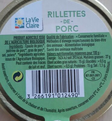 Rillette de porc nutrition facts table