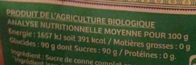 Sucre complet bio du Costa Rica nutrition facts table