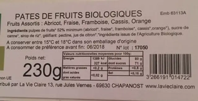 Pates de fruits biologiques ingredients label