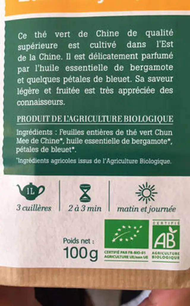 Thé vert Earl Grey Bergamote ingredients label