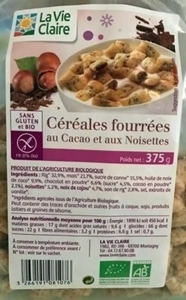 Céréales fourrées au Cacao et aux Noisettes front packaging