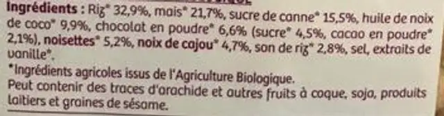 Céréales fourrées au Cacao et aux Noisettes ingredients label