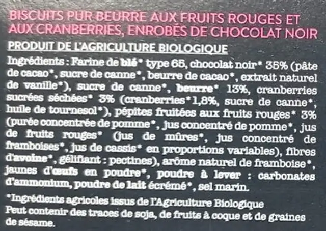 Biscuits Cranberries et Fruits Rouges Enrobés de Chocolat ingredients label