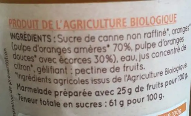 Marmelade d'oranges saveur amère ingredients label