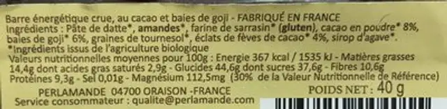 Barre crue cacao & baie de goji ingredients label
