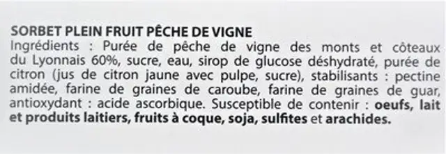 Sorbet peche vigne ingredients label