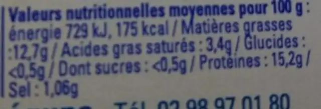 Sardines au Muscadet nutrition facts table