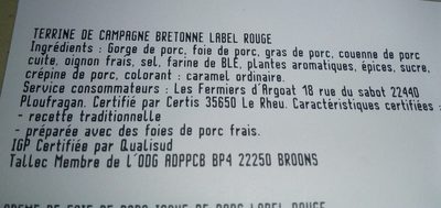 Terrine de campagne ingredients label