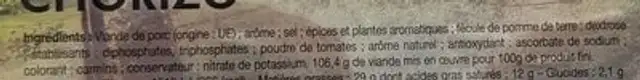 Chorizo ingredients label