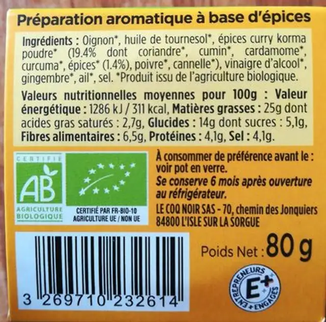 Curry Korma ingredients label