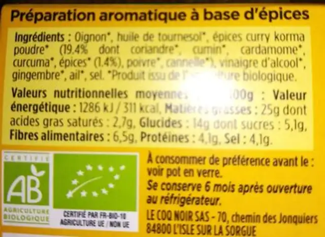 Curry Korma nutrition facts table