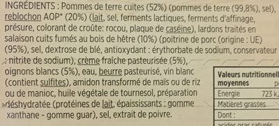 Tartiflette ingredients label