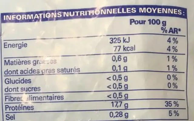 Filets de Cabillaud nutrition facts table