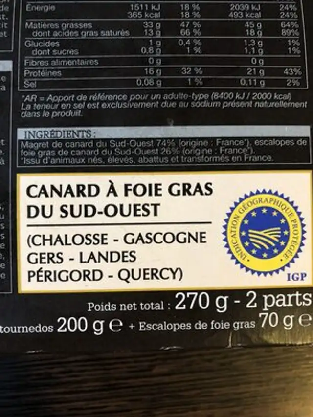 Magret de canard en tournedos et escalopes de foie gras ingredients label