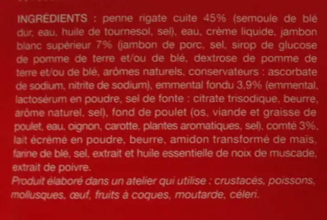 Formule express - Penne rigate au jambon et fromage ingredients label