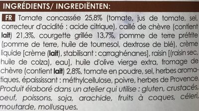 Fondants tomate, fromage de chèvre et courgette ingredients label