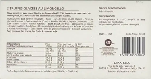 2 Tartufi al limoncello ingredients label