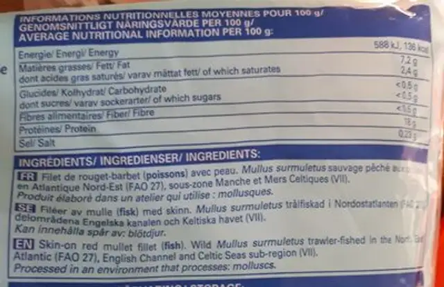 Filets de Rouget-Barbet avec peau nutrition facts table