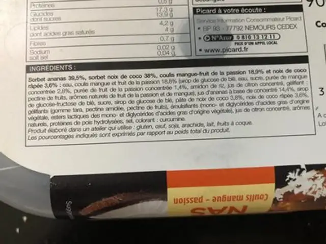 Sorbet coco ananas ingredients label