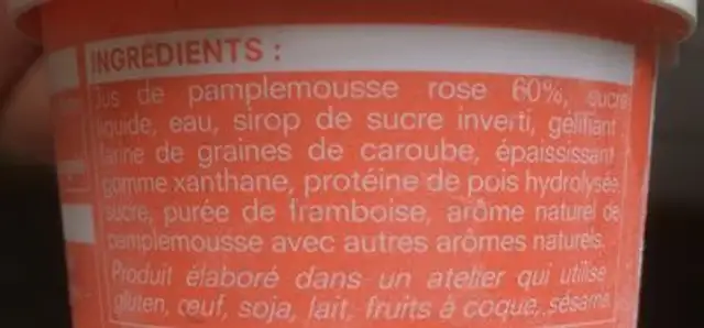Sorbet pamplemousse rose ingredients label