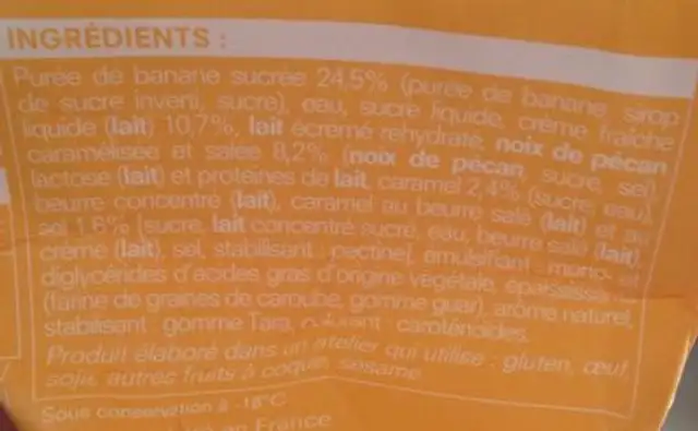 Crème Glacée Banane, Sauce Caramel Beurre Salé, Éclats de Noix de Pécan Caramélisées et Salées ingredients label