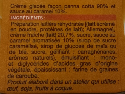 Glace à l'italienne façon Panna Cotta sauce caramel ingredients label