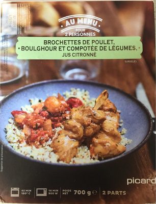 Brochettes de Poulet, Boulghour et Compotée de Légumes, Jus Citronné