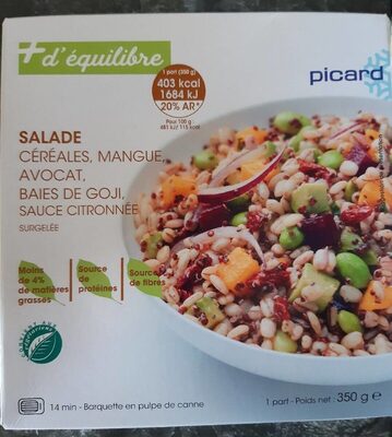 Salade Céréales mangue avocat baies de goji, sauce citronnée front packaging