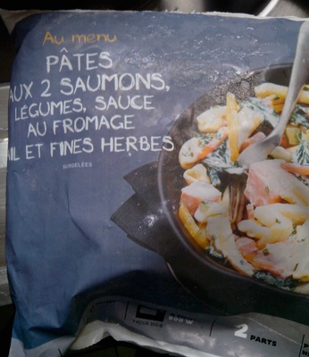 Pâtes aux 2 saumons, légumes, sauce au fromage ail et fines herbes, surgelées front packaging