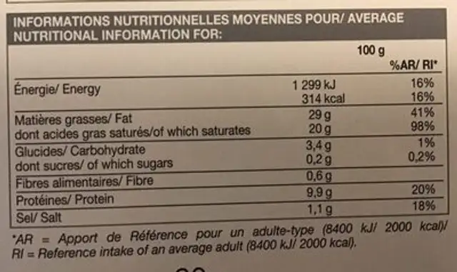 12 escargots de Bourgogne nutrition facts table