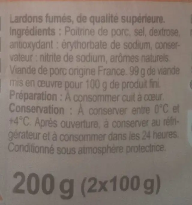 Lardons Fumés ingredients label