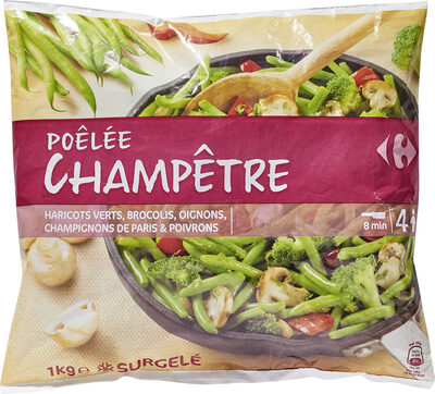 Poêlée champêtre Haricots verts, carottes orange et jaunes, garden peas, champignons de Paris