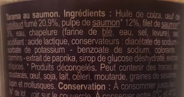 Tarama au saumon ingredients label