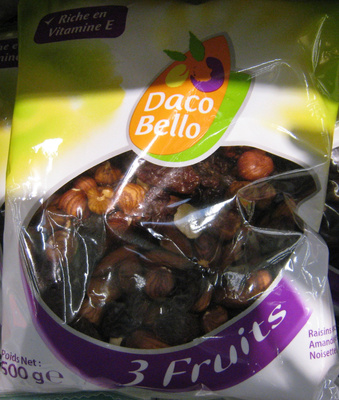 3 Fruits Raisins secs, Amandes, Noisettes Daco Bello front packaging